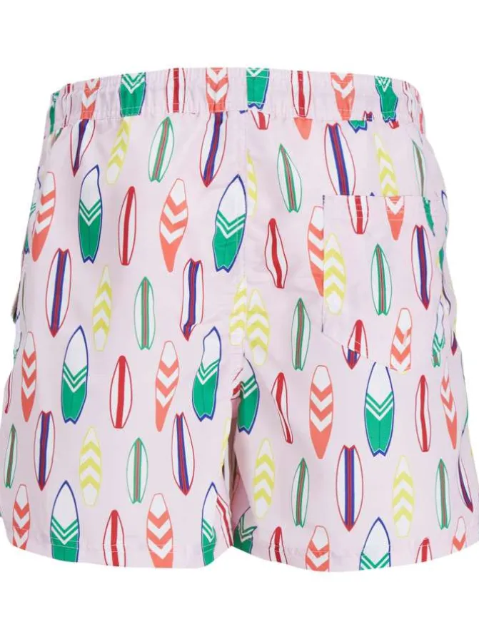 Short de bain multicolore imprimé coupe droite et liens rayés à la taille