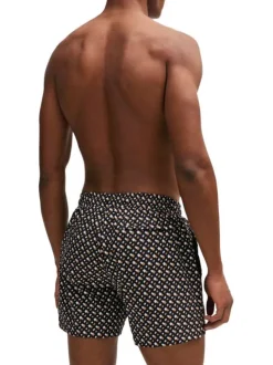Short de bain noir imprimé géométrique avec un lien de serrage