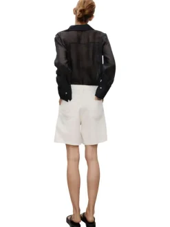 Short denim long en coton écru uni à coupe large avec des poches