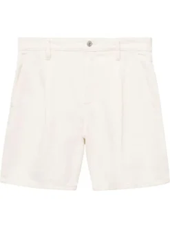 Short denim long en coton écru uni à coupe large avec des poches