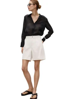Short denim long en coton écru uni à coupe large avec des poches