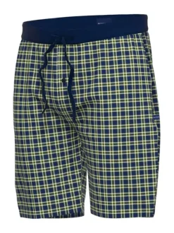 Short de pyjama en coton à carreaux sur fond marine, taille élastiquée à cordon