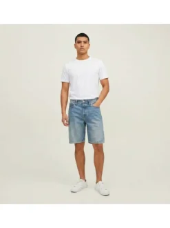 Short en coton biologique bleu à coupe droite pourvu de multiples poches