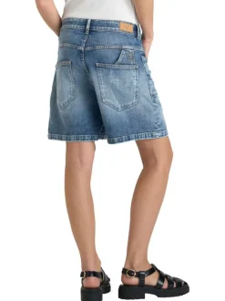 Short en coton bleu à coupe droite pourvu d'un cordon de serrage à la taille