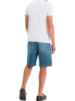 Short en coton bleu uni avec une coupe droite et une taille élastiquée