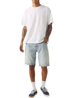 Short 405 en coton ciel coupe droite pourvu de coutures contrastées camel