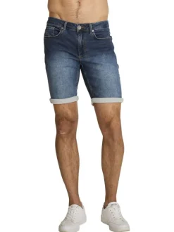 Short en coton indigo à revers pourvu de coutures contrastées