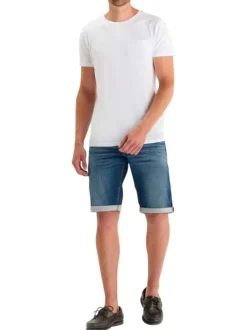 Short en coton mélangé bleu uni avec une coupe droite muni d'un zip