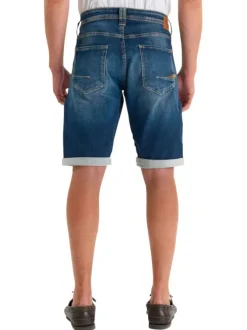 Short en coton mélangé bleu uni avec une coupe droite muni d'un zip