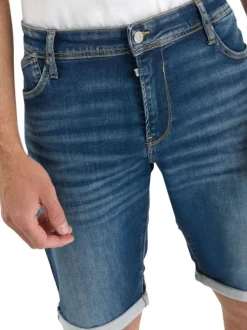 Short en coton mélangé bleu uni avec une coupe droite muni d'un zip