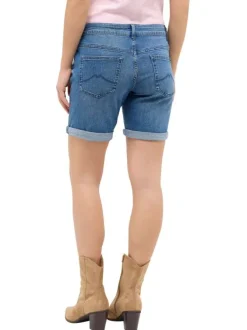 Short en coton mélangé indigo uni avec une coupe slim à zip et à bouton