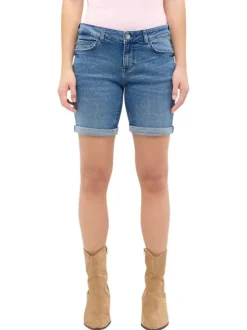 Short en coton mélangé indigo uni avec une coupe slim à zip et à bouton