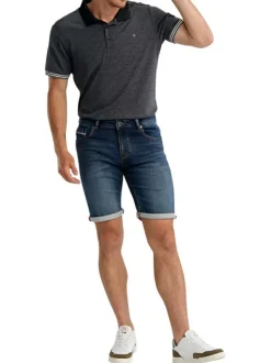 Short en coton mélangé marine uni pourvu d'une coupe slim et de multiples poches