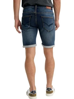Short en coton mélangé marine uni pourvu d'une coupe slim et de multiples poches