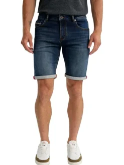 Short en coton mélangé marine uni pourvu d'une coupe slim et de multiples poches