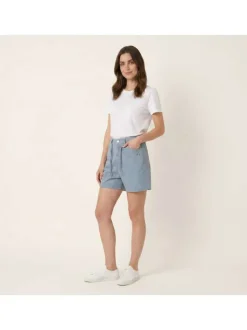 Short en jean en coton mélangé bleu uni avec une coupe droite