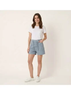 Short en jean en coton mélangé bleu uni avec une coupe droite