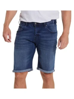 Short en jean en coton mélangé indigo avec un aspect délavé et une coupe longue