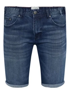 Short en jean en coton mélangé indigo avec un aspect délavé et une coupe longue