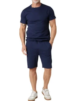 Short jogging en coton mélangé marine uni pourvu d'une coupe droite