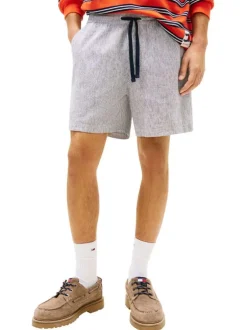 Short Jogging en lin et coton marine à motifs chinés avec une taille élastiquée