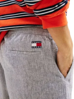 Short Jogging en lin et coton marine à motifs chinés avec une taille élastiquée