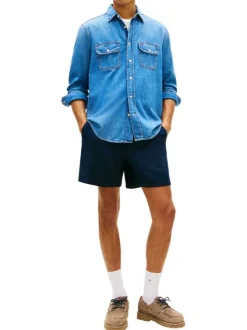 Short Jogging en lin et coton marine uni avec une taille élastiquée