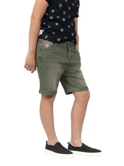 Short kaki effet délavé en coton délavé à 5 poches coupe longue