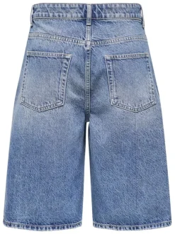 Short long en coton bleu uni avec une coupe large à zip et à bouton
