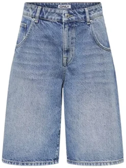Short long en coton bleu uni avec une coupe large à zip et à bouton