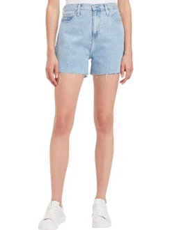Short mom en jean en coton biologique mélangé stone uni effiloché sur le bas