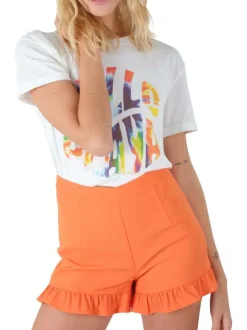 Short orange uni à volants à taille haute et fermeture zippée
