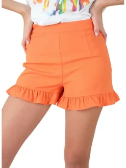 Short orange uni à volants à taille haute et fermeture zippée