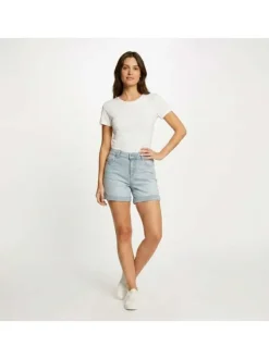Short 5 Poches bleu jean clair uni à revers avec poches avant et arrière