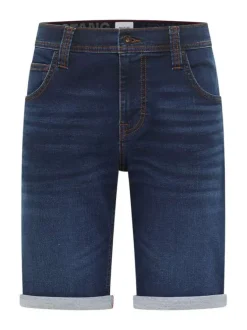 Short 5 Poches Chicago en coton mélangé marine uni à revers avec des poches