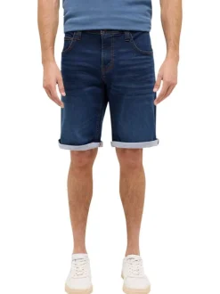 Short 5 Poches Chicago en coton mélangé marine uni à revers avec des poches