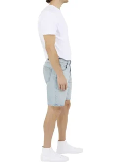Short 5 poches en coton bleu clair uni à coupe droite avec des passants