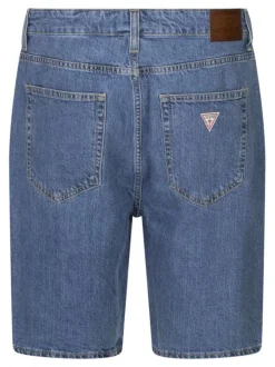 Short 5 poches en coton indigo uni avec une coupe droite et un patch