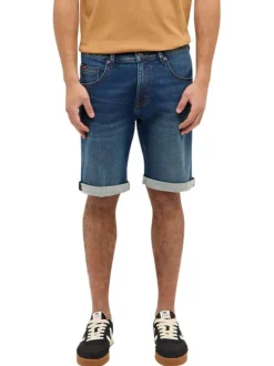 Short 5 poches en coton mélangé bleu délavé avec une coupe droite