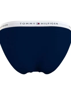 Slip bleu marine uni avec une ceinture élastiquée et logo de la marque