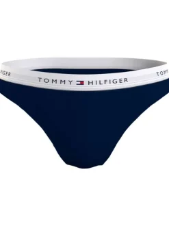 Slip bleu marine uni avec une ceinture élastiquée et logo de la marque