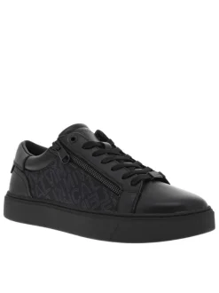 Sneakers basses en cuir noir à semelle vulcanisée, lacets et zip latéral