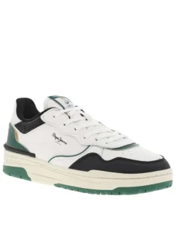Sneakers blanches et vertes à semelle plate avec lacets plats et logos embossés