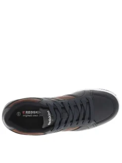 Sneakers bleu marine et marron à semelle blanche avec lacets plats et logo blanc