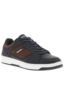 Sneakers bleu marine et marron à semelle blanche avec lacets plats et logo blanc