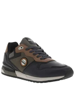 Sneakers bleu marine, kaki et camel à talon plat et à lacets plats marine