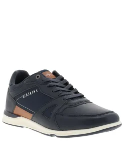 Sneakers bleu marine à talon plat avec un patch de la marque sur la languette