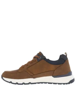 Sneakers camel avec des détails bleus marine et un zip à semelle plate