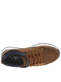 Sneakers camel avec des détails bleus marine et un zip à semelle plate