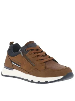Sneakers camel avec des détails bleus marine et un zip à semelle plate